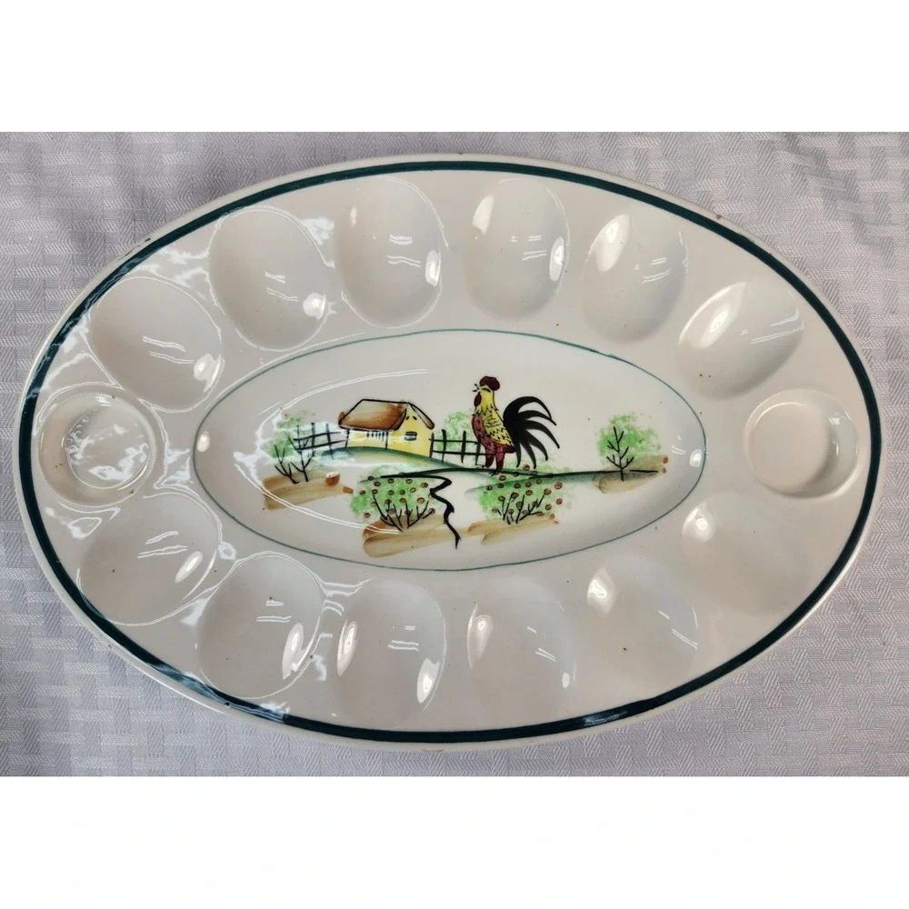 Vintage Deviled Egg Serving Dish Hand Painted Rooster Farm Countryside Design